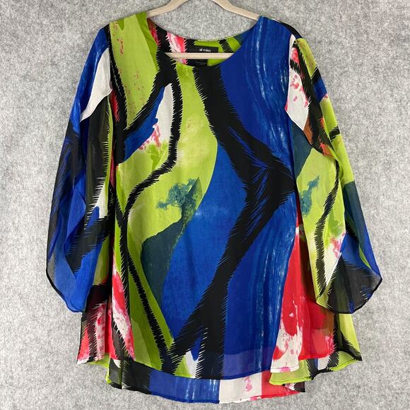 Ali Miles Tunic Top Womens 1X Abstract Layered Bell Sleeve Colorful Artsy Flowy - Picture 1 of 15